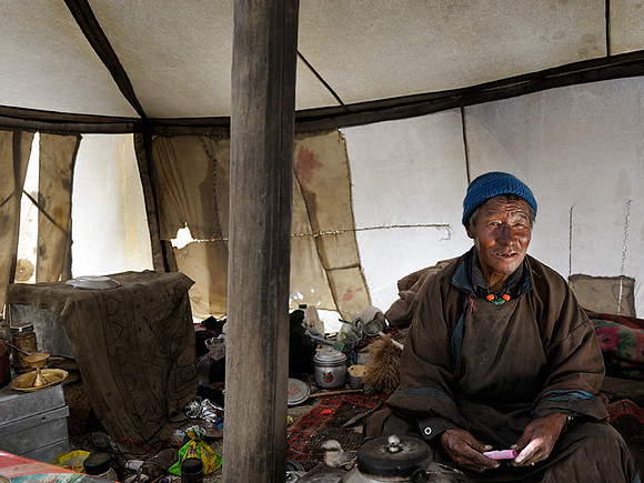 Grandfather in tent